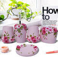 LUANT Pink 5 Pieces Bathroom Accessories Set, Bathroom Set Features, Soap Dispenser, Toothbrush Holder, Tumbler and Soap Dish - Girl Bathroom Gift Set with Blossom Flower