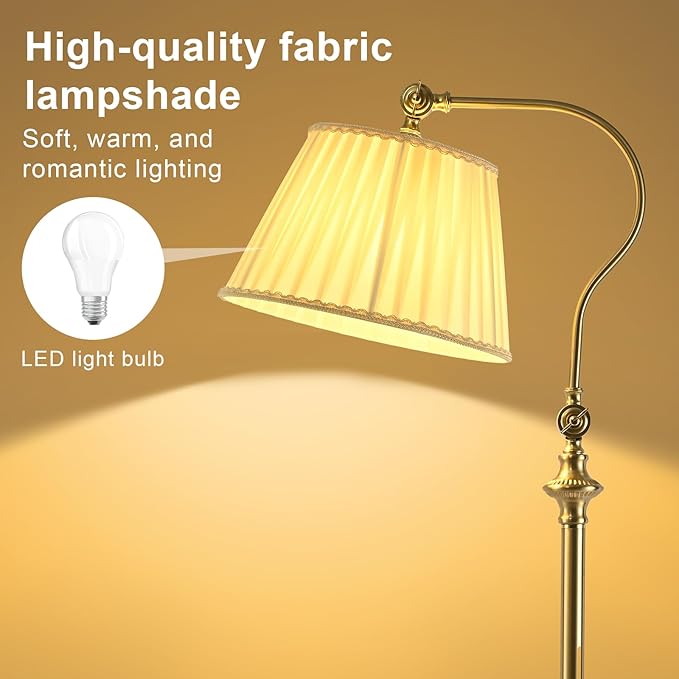 Gold Brass Floor Lamp with Fabric Shade,12W Smart Remote and Bluetooth Dimmable, Standing Lamps for Living Room Bedroom Farmhouse Office,Mid Century Rustic Vintage Antique Boho Tall Reading Light