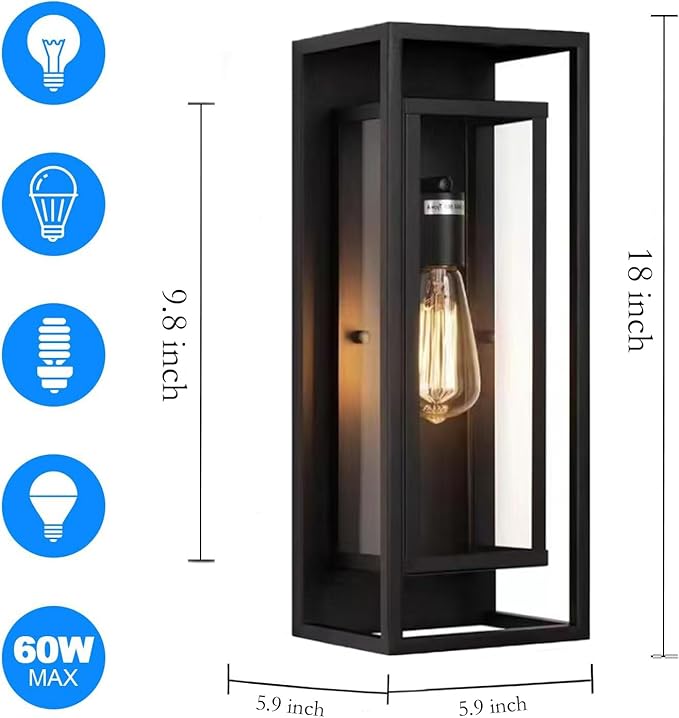 4 Pack 18 inches Outdoor Wall Lantern Light Fixture, Large Black Exterior Waterproof Wall Sconce, Anti-Rust Mount Porch Light with Clear Glass,E26 Socket