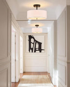 12.6" Semi Flush Mount Ceiling Light Fixture, 3-Light Black Drum Flush Mount Light Fixtures with White Fabric Shade, Modern Close to Ceiling Lights for Living Room Bedroom Hallway Entryway Foyer