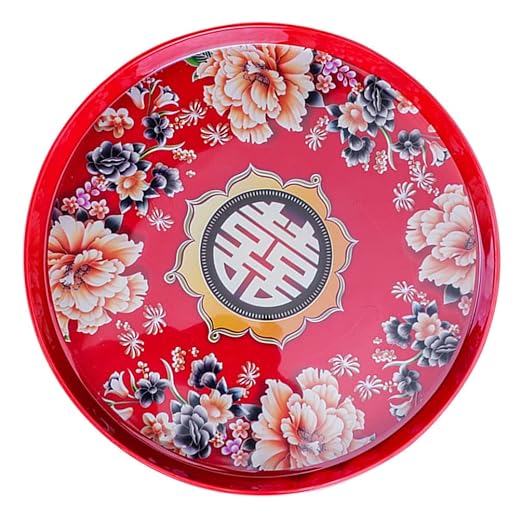 Cabilock Serving Platter Chinese Food Tray Red Wedding Serving Tray Fruit Plate Fruit Snack Storage Holder for Home Kitchen and Wedding Snack Round 13X2. 9inch Chinese Candy Boxes