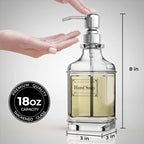 GLADPURE Soap Dispenser - 2 Pack, 18 Oz Antique Design Thick Glass Hand Soap Dispensers; with 304 Rust Proof Stainless Steel Pump, 6Pcs Clear Stickers, for Kitchen, Bathroom - Silver