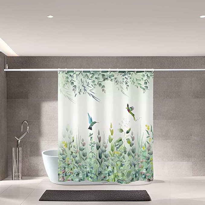 Green Leaf Shower Curtain - Emerald Bird Mint Hummingbird Design, 72"W x 84"L, 12 Hooks, Weighted Hem, Waterproof for Bathroom