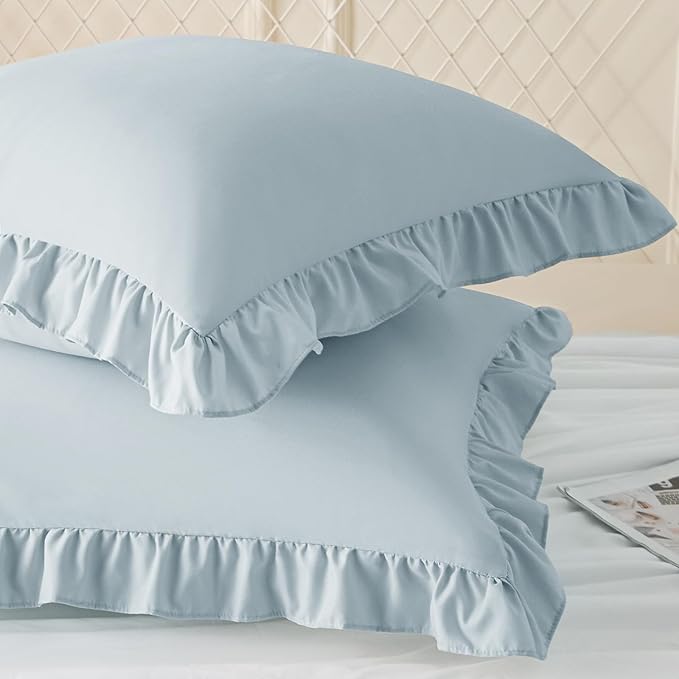 KKJIAF Ruffle Pillow Cases 24x24 Inches, Dusty Blue Square Ruffled Pillow Covers Set of 2, Microfiber Wrinkle Resistant Pillow Shams with Envelope Closure for Sofa Bed Living Room