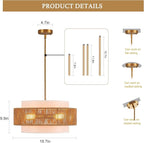 19.7" Rattan Chandelier with Linen Modern Boho Hand Woven Bamboo Chandelier Light Fixture Retro Farmhouse Drum Wicker Rattan Golden Chandeliers for Dining Room, Kitchen, Living Room,Foyer