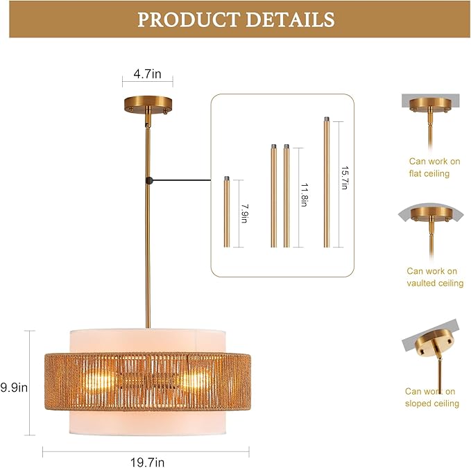 19.7" Rattan Chandelier with Linen Modern Boho Hand Woven Bamboo Chandelier Light Fixture Retro Farmhouse Drum Wicker Rattan Golden Chandeliers for Dining Room, Kitchen, Living Room,Foyer