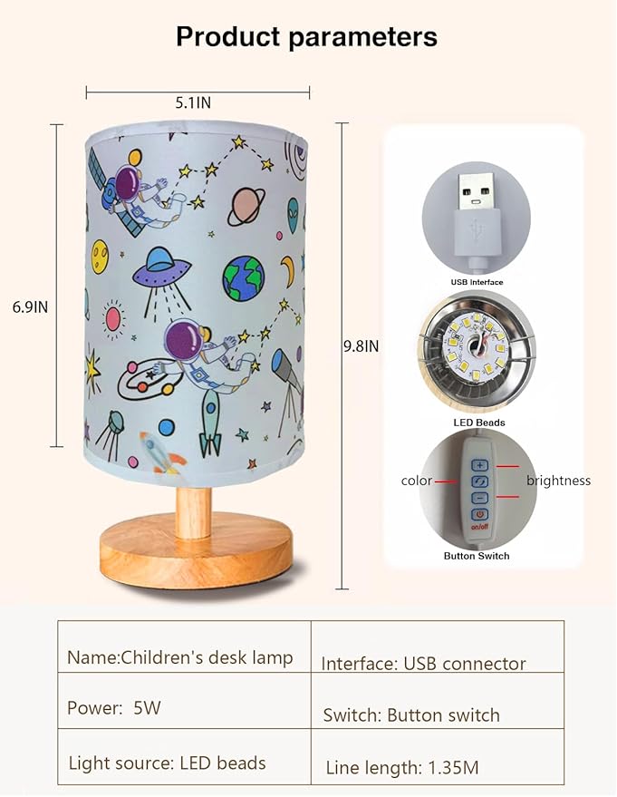 Astronaut Kids Table Lamp, Astronauts Room Decor for Boys,3 Level Dimmable Wood Nightstand Desk Base Flaxen Fabric Shade for Bedroom Living Room,Astronauts Gifts for Boys