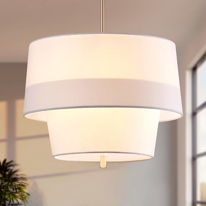 Shrine Lighting Double Drum Chandelier, Modern Drum Pendnat Light for Dining Room, D15.7'' x H11'', Adjustable 47'', E12*4 Sockets, White Fabric Lampshade & French Gold Finish Frame