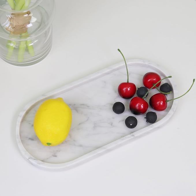 OOBOOB Oval Natural Marble Bathroom Tray for Decor Countertop, Marble Vanity Tray for Candles Perfume, Jewelry, Cosmetics, Elegant Vanity Organizer for Jewelry, Perfume