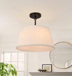 Electro bp; 15”Dia White Pleated Drum Shade Close to Ceiling Light Fixture Modern Classic Brocade Fabric Cone Shape Semi-Flush Mount,Matte Black Painted,3 Sockets,E26,180W,Large;
