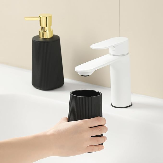 Black and Gold Striped Bathroom Accessories 2 Piece Set Soap Dispenser and Toothbrush Holder