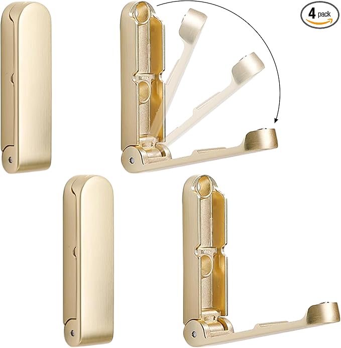 4Pcs Folding Coat Hooks, Zinc Alloy Folding Wall Hook for Hanging Coat Scarf Hat Robe Key Purse, Foldable Invisible Hook with Screws (Gold)