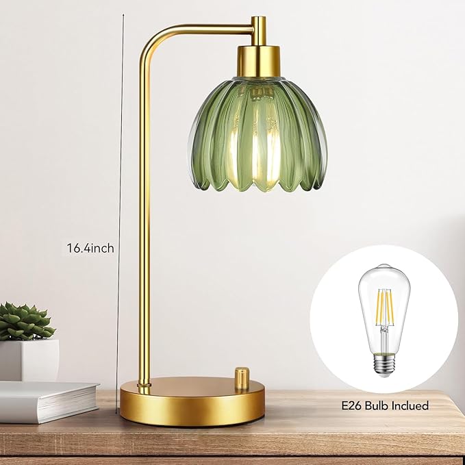 Green Table Lamp Set of 2,Small Glass Bedside Lamps Dimmable Boho Bedroom Lamp with Tulip Flower Lamp Shade,Gold Vintage Mid Century Modern Mini Nightstand Lamp for Bedroom Living Room