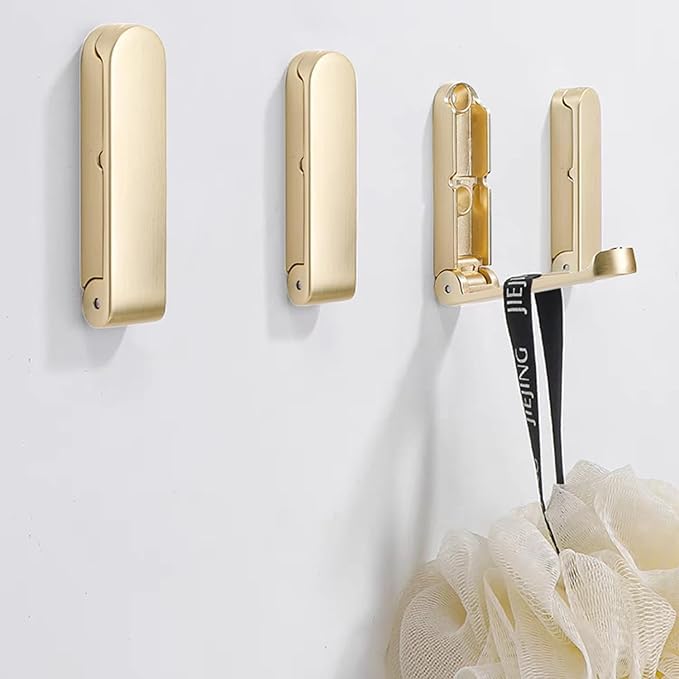 4Pcs Folding Coat Hooks, Zinc Alloy Folding Wall Hook for Hanging Coat Scarf Hat Robe Key Purse, Foldable Invisible Hook with Screws (Gold)