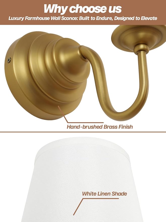 Brass Boho Fabric Wall Sconce Light with Curved Arm, Rustic Linen Cloth Wall Light Fixtures, Hardwired Brass Wall Mounted Lamp for Bathroom Vanity Bedroom Living Room