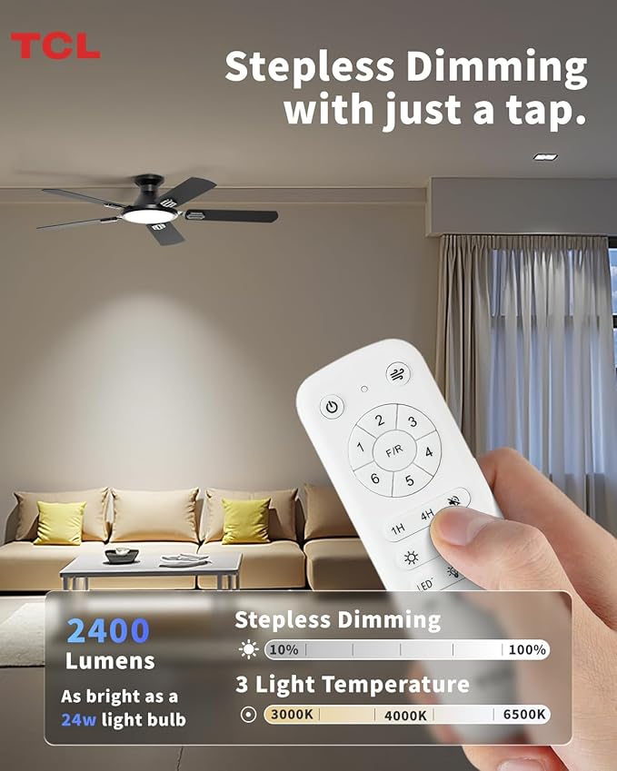 TCL 52" Low Profile Ceiling Fan with Light, Slim, Black, Flush Mount, DC Reversible Motor, 6 Speeds, Remote Control, Noiseless, Dimmable, LED Light, 3CCT, Modern Matte Black Ceiling Fan for Bedroom
