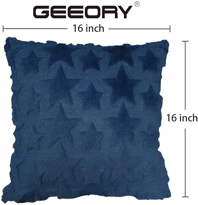 GEEORY 4TH of July Stars Soft Plush Pillow Covers, 16 x 16 Inch Set of 2, Fluffy Faux Fur Wool Decorative Farmhouse Cushion Case for Sofa Home Decoration Blue Little Star GC028-16