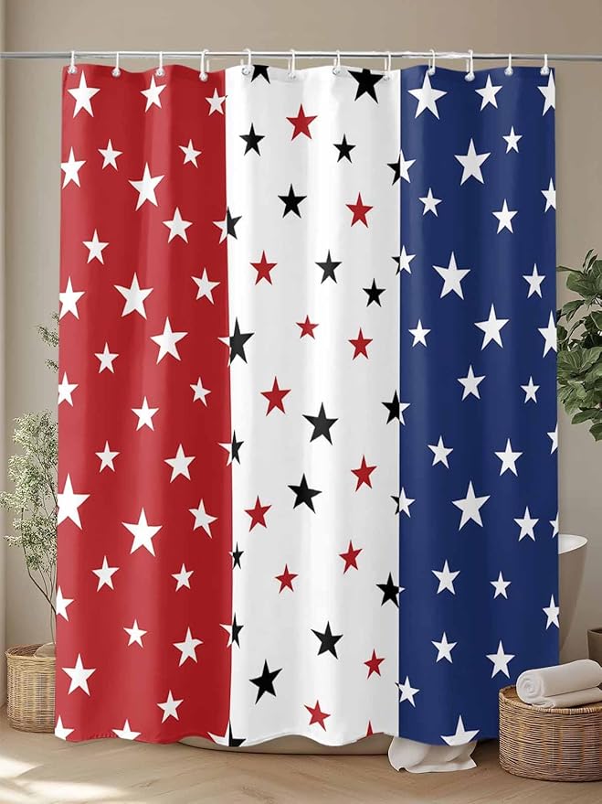 4th of July Shower Curtain, Patriotic Stars Stripes Shower Curtains Set with Hooks, Red White and Blue Independence Day Waterproof Fabric Bathroom Curtains Decor Home Accessories, 60 X 72 Inch Long