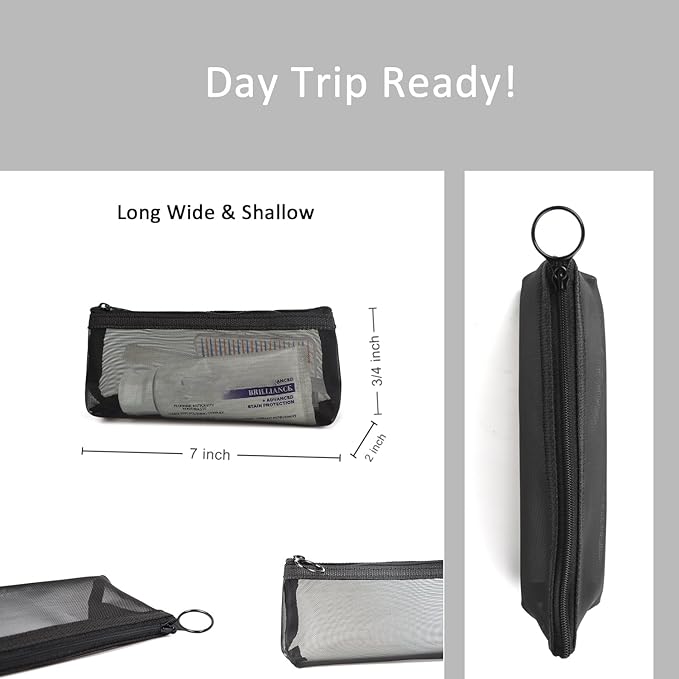 Patu Zipper Mesh Bags, Widened Long Case, 5 Pieces, Beauty Makeup Cosmetic Accessories Organizer, Travel Toiletry Kit Set Storage Pouch, Black