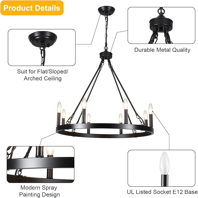 Black Wagon Wheel Chandelier Diam 26 inch 8 Light Black Farmhouse Chandeliers for Dining Room Rustic Round Pendant Light Fixtures for Living Room Kitchen Island Foyer Entryway