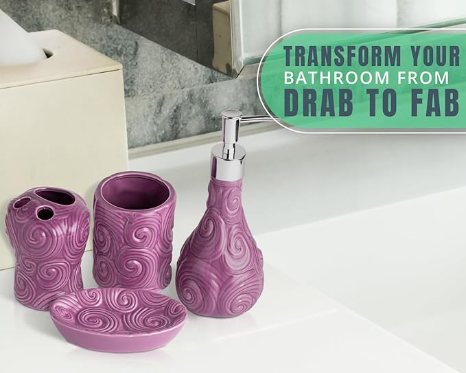 Comfify Designer 4 Piece Bathroom Accessories Set - with Soap or Lotion Dispenser, Toothbrush Holder, Tumbler and Soap Dish - Glossy Finish - Purple