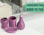 Comfify Designer 4 Piece Bathroom Accessories Set - with Soap or Lotion Dispenser, Toothbrush Holder, Tumbler and Soap Dish - Glossy Finish - Purple