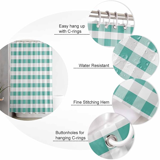 Vandarllin Rustic Green White Buffalo Check Plaid Pattern Shower Curtain, Farmhouse Shower Curtains Set with Hooks, Waterproof Fabric Bathroom Curtains Decor Home Accessories, Stall Long 36 X 78 Inch