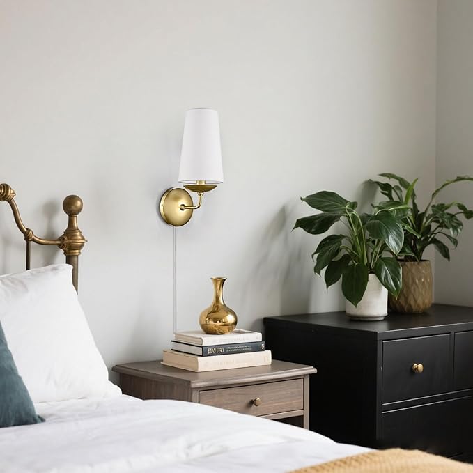 Modern Gold Wall Sconces Set of Two Linen Shade Plug in or Hardwire Wall Light Fixture for Bedroom, Living Room, Dining Room, Entryway