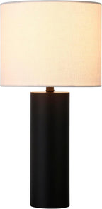 Henn&Hart 16'' Mid-Century Modern 1-Light Table Lamp with White Fabric Drum Shade for Living Room, Bedroom, or Office, Blackened Bronze