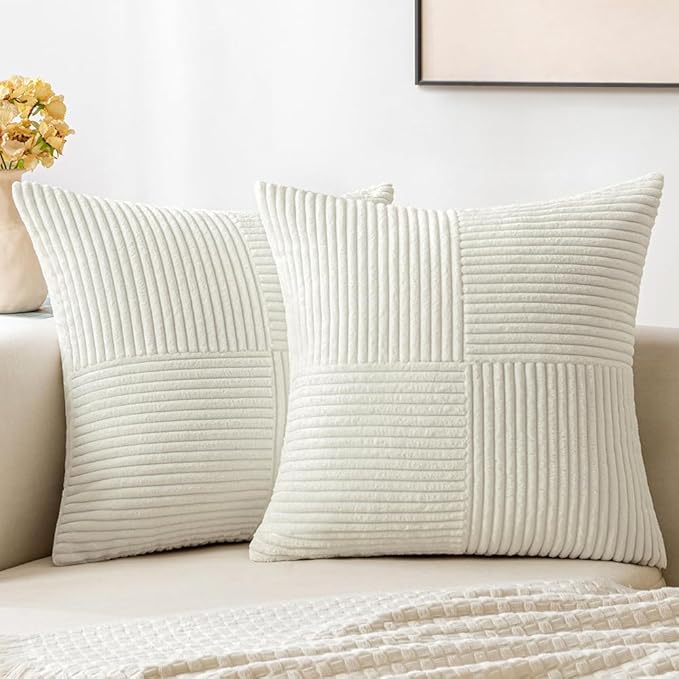 MIULEE White Corduroy Pillow Covers Pack of 2 Boho Decorative Spliced Throw Pillow Covers Soft Solid Couch Pillowcases Cross Patchwork Textured Cushion Covers for Living Room Bed Sofa 16x16 inch