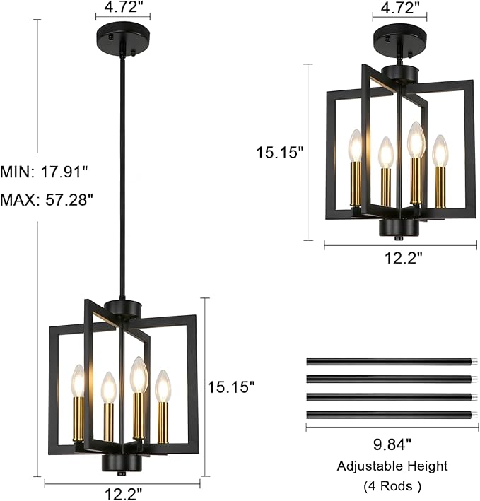 4-Light Farmhouse Chandelier Dining Room, Modern Black and Gold Chandelier For Foyer, Geometric Pendant Light Kitchen Island, Industrial Hanging Light Fixture For Entryway, Kitchen, Bedroom, Stairway
