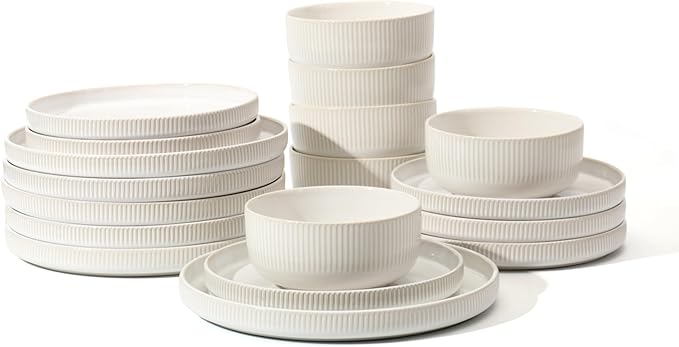 Frewinky Ceramic Dinnerware Sets for 6, Round Reactive Glaze Porcelain Plates and Bowls Sets, Scratch Resistant Modern Dishes Set, Dishwasher & Microwave Safe, Service for 6-White