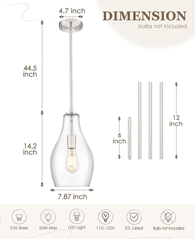Large Pendant Lights Kitchen Island, 8" Brushed Nickel Hanging Light Fixtures with Clear Glass Shade, Modern Kitchen Pendant Lighting Over Island for Dining Room, AD-25045-1PB-SN