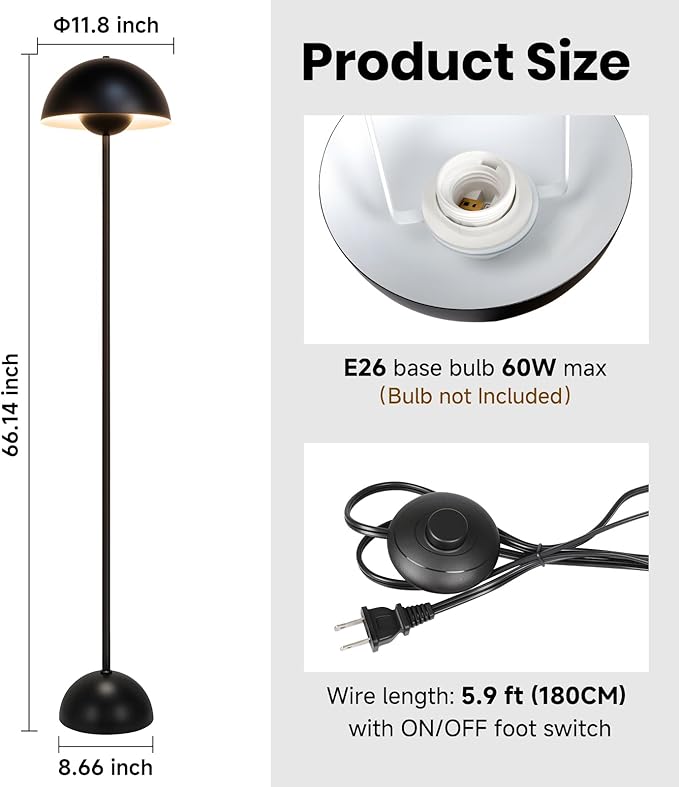 Black Floor Lamp for Living Room, 66'' Industrial Standing Lamp with Unique Metal Shade&Base Reflecting Light Tall Retro Lamp for Bedroom, Black