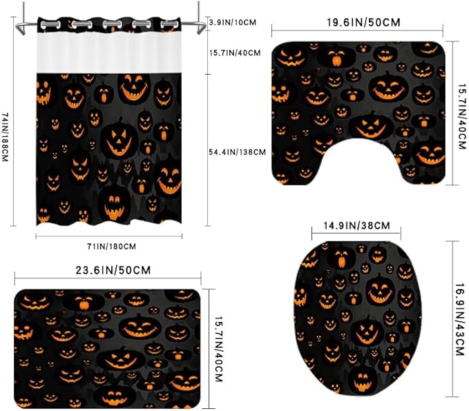 Hookless Halloween Shower Curtain Set with Rugs, Pumpkin Bathroom Halloween Decorations, U Shaped Rug, Toilet Lid Cover, Bath Mat, Waterproof Fabric Evil Pumpkin Design, 71" W x 74" L