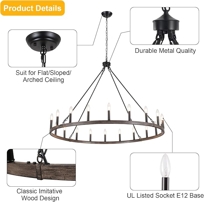 Wagon Wheel Chandelier 20-Light 48" Round Rustic Farmhouse Chandelier Light Fixture for High Ceiling Foyer Hallway Living Room Dining Room Kitchen Island
