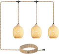3-Light Bamboo Plug in Pendant Light with Switch, Boho Hanging Lights, 15ft Hand Woven Cord, for Bedroom Kitchen Island Farmhouse, ETL Listed
