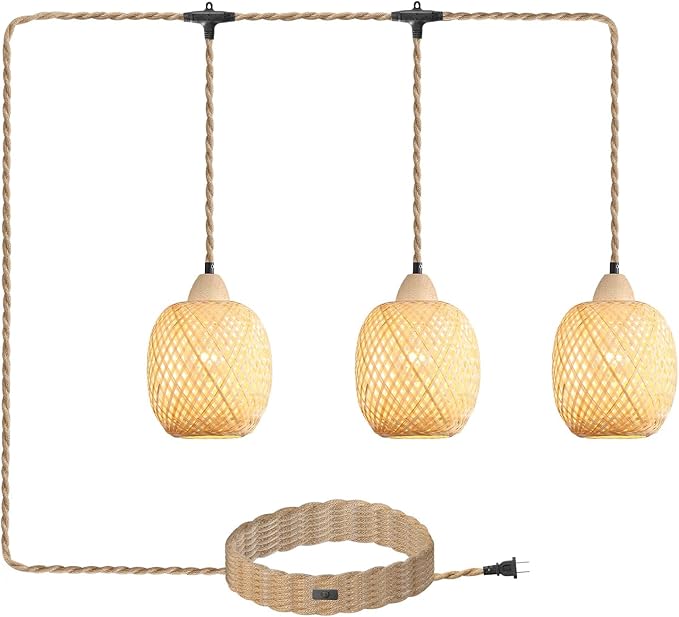 3-Light Bamboo Plug in Pendant Light with Switch, Boho Hanging Lights, 15ft Hand Woven Cord, for Bedroom Kitchen Island Farmhouse, ETL Listed