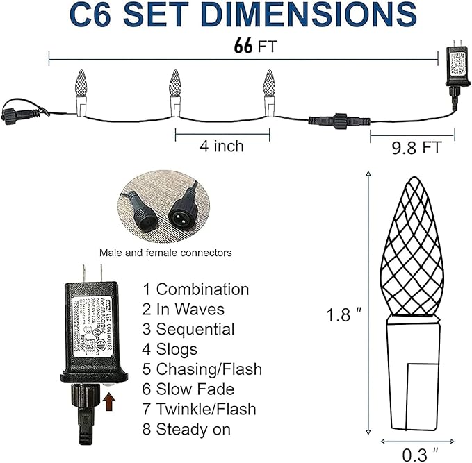 Dazzle Bright C6 Christmas String Lights, 200 LED 66 FT Waterproof Connectable String Lights with Timer, 8 Modes Christmas Lights for Indoor Outdoor Home Garden Yard Xmas Tree Decoration (Warm White)