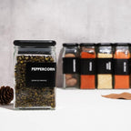 APT 1101 Glass Square Spice Jars with Labels, 4oz Glass Jars with Bamboo Lids, Spice Bottles, Seasoning Organizer, 12 Pack (Black)