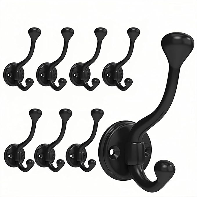 8 Pack Wall Hooks for Hanging, Heavy Duty Coat Hook Wall Mount, Easy to Install Metal Closet Hooks, Apply to Bathrooms, Bedrooms, Living Rooms, Entrances (Black)