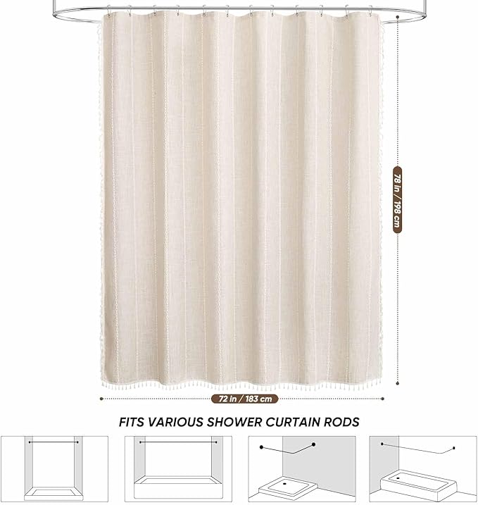 WELTRXE Boho Long Shower Curtain, Modern Farmhouse Shower Curtain Set with Tassels, Rustic Bathroom Decor, Heavy Duty Fabric Water Repellent with Hook, Beige/Cream, 72x78 Inches