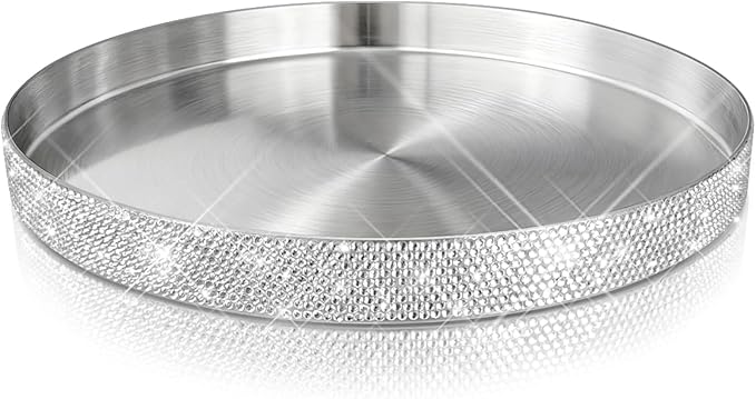 Round Bling Stainless Steel Serving Tray, Shiny Serving Platter for Coffee Table Display, Glitter Rhinestones Decorative Tray for Home Decor (Silver-11.8 inch)