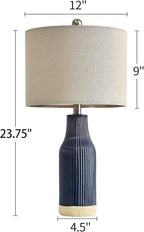 23.75" Modern Blue Ceramic Table Lamp Set of 2 for Living Room, Farmhouse Bedside Nightstand Lamp for Bedroom Home Office Dorm