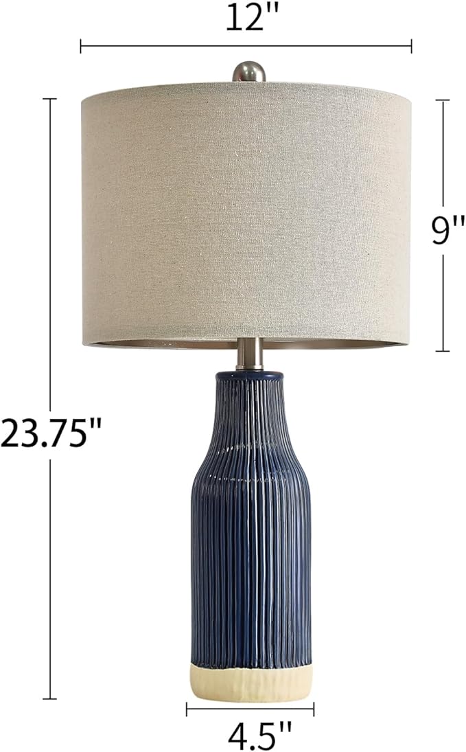 23.75" Modern Blue Ceramic Table Lamp Set of 2 for Living Room, Farmhouse Bedside Nightstand Lamp for Bedroom Home Office Dorm