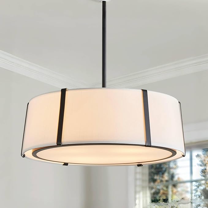 Shrine Lighting Drum Pendant Light, Modern Style, Drum Chandeliers for Dining Room, D18'' x H6'', Adjustable Chains 39'', E12*4 Sockets, White Lampshade & Black Finish