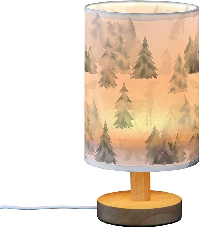 Table Lamp Watercolor Winter Forest Tree Animal Mountain Bear Deer Owl Nightstand Lamp with Wood Base Fabric Lamp Shade Bedside Desk Lamp for Living Room Bedroom Kids Room Office