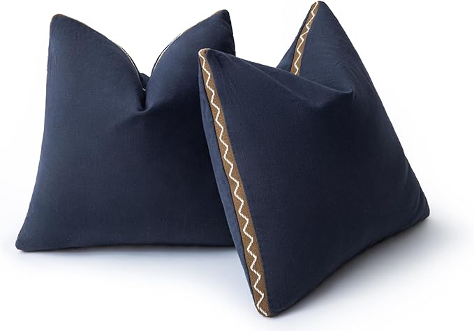 Decorative Neutral Linen Throw Pillow Covers 20x20 Inch Set of 2, Navy Blue Boho Farmhouse Pillow Covers with Braid Fringe for Sofa Bed Modern Couch Pillow Cases for Organic Home Decor