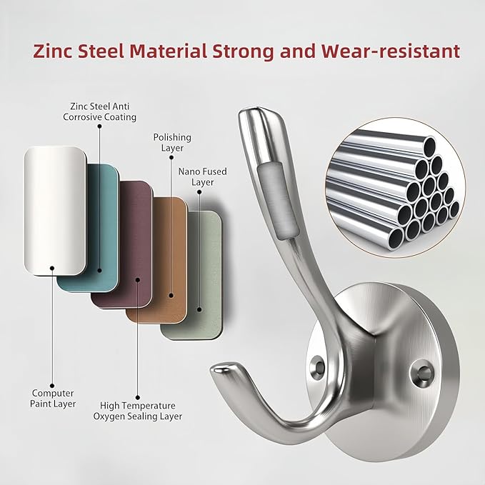 ZUONAI Towel Hooks for Bathrooms Wall Mounted 2 Pack Brushed Nickel Coat Hooks Heavy Duty Towel Wall Hooks for Coats Robes Hats Bath Entryway Cubicle Kitchen