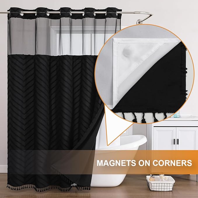 No Hook Shower Curtain Liner Set, Snap in Hookless Shower Curtain with Tassels, Ringless Chevron Tufted Fabric Boho Bathroom Curtains, Mesh Top Window Hotel Style Bath Curtains 74" L x 71" W, Black